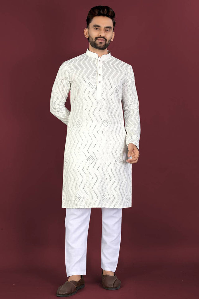 Mens Off White Embroidered Silk Kurta Pajama Set