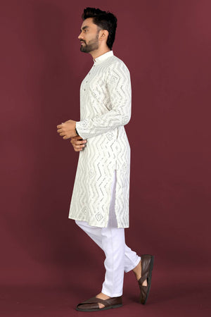 Mens Off White Embroidered Silk Kurta Pajama Set