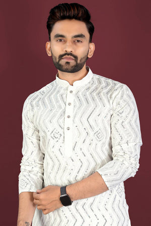 Mens Off White Embroidered Silk Kurta Pajama Set