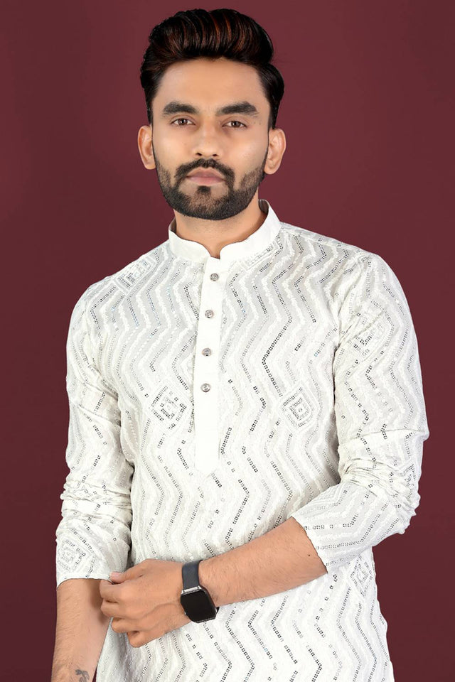 Mens Off White Embroidered Silk Kurta Pajama Set