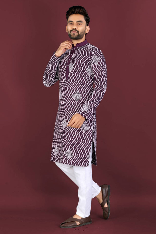 Mens Violet Embroidered Silk Kurta Pajama Set