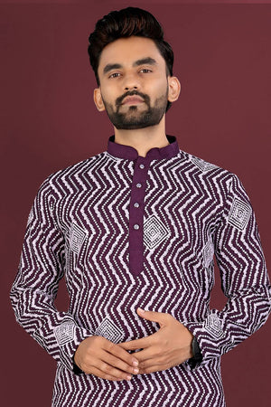 Mens Violet Embroidered Silk Kurta Pajama Set