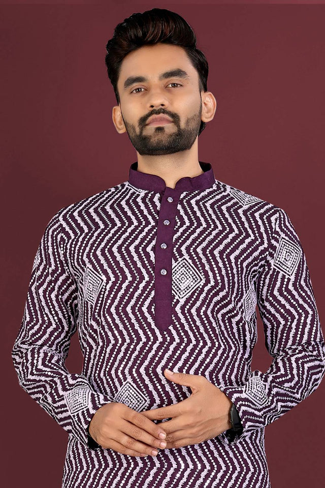 Mens Violet Embroidered Silk Kurta Pajama Set