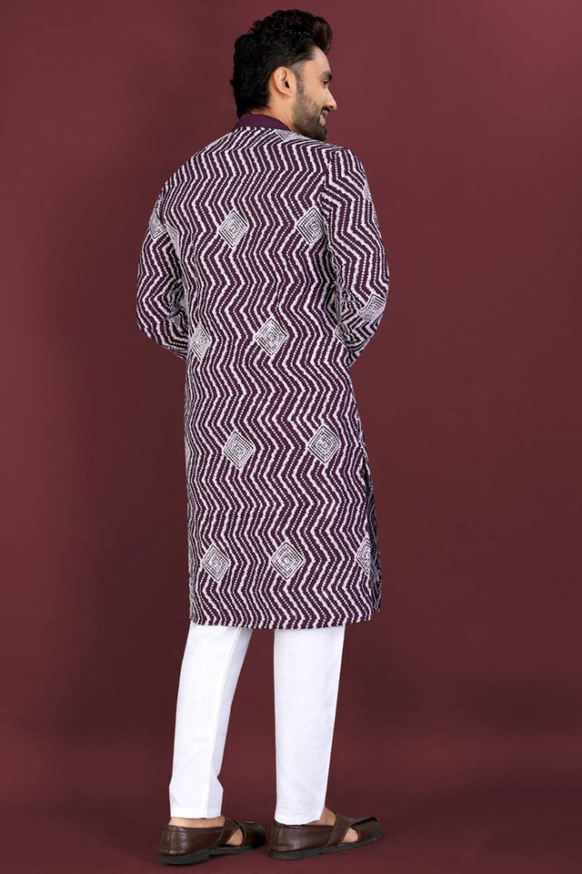 Mens Violet Embroidered Silk Kurta Pajama Set