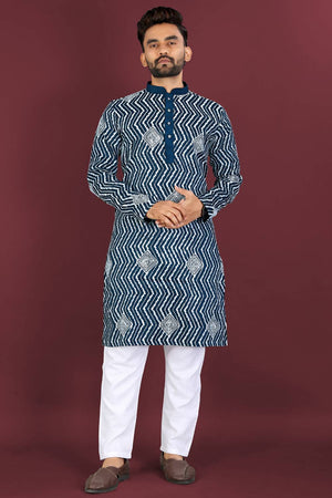 Mens Royal Blue Embroidered Silk Kurta Pajama Set