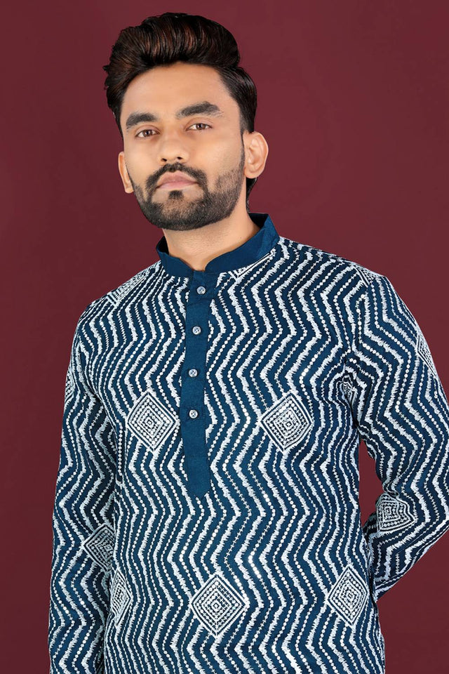 Mens Royal Blue Embroidered Silk Kurta Pajama Set