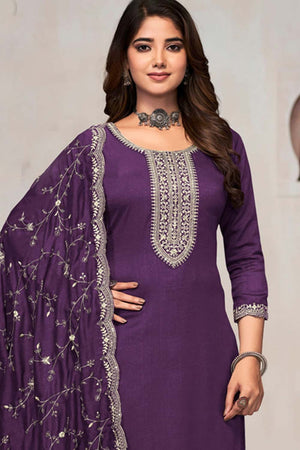 Purple Silk Embroidered Round Neck Sharara Suit Set (sonal-3021)