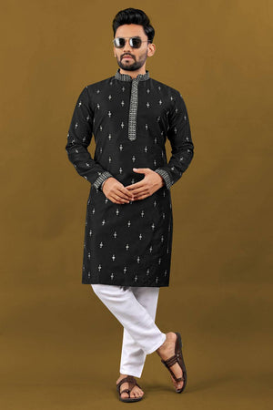 Mens Black Embroidered Silk Kurta Pajama Set