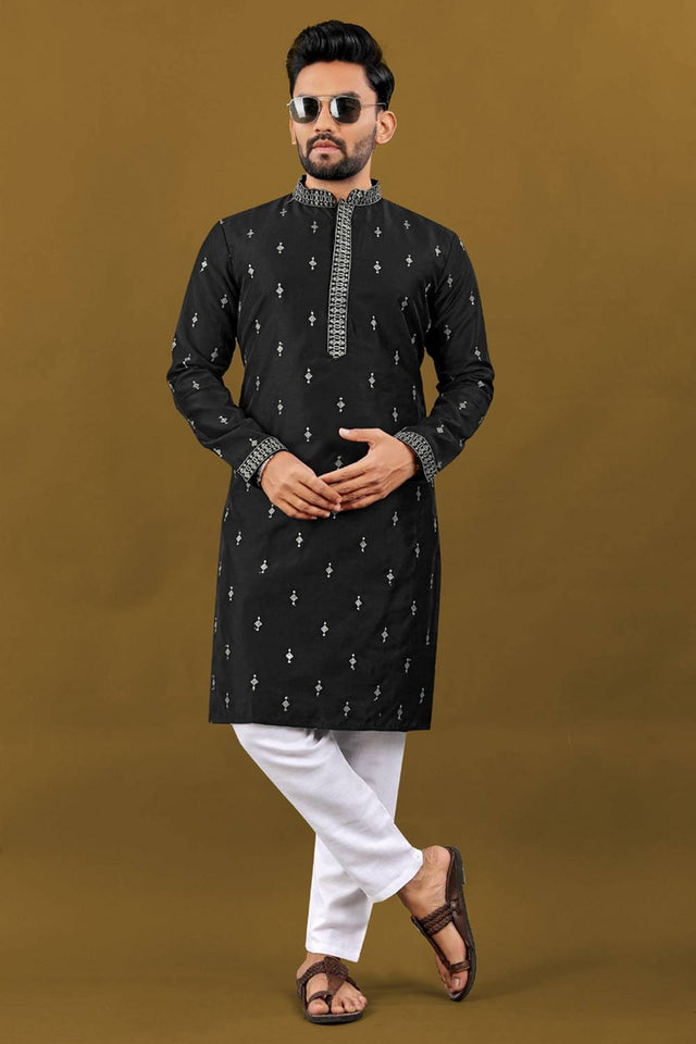 Mens Black Embroidered Silk Kurta Pajama Set