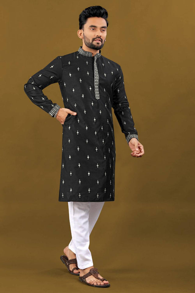 Mens Black Embroidered Silk Kurta Pajama Set