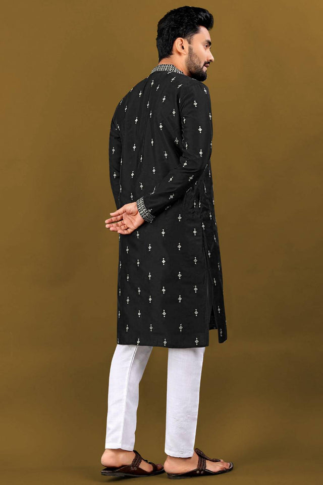 Mens Black Embroidered Silk Kurta Pajama Set
