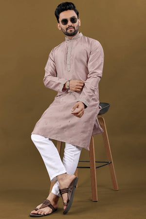 Mens Pink Embroidered Silk Kurta Pajama Set
