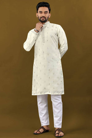 Mens Off White Embroidered Silk Kurta Pajama Set