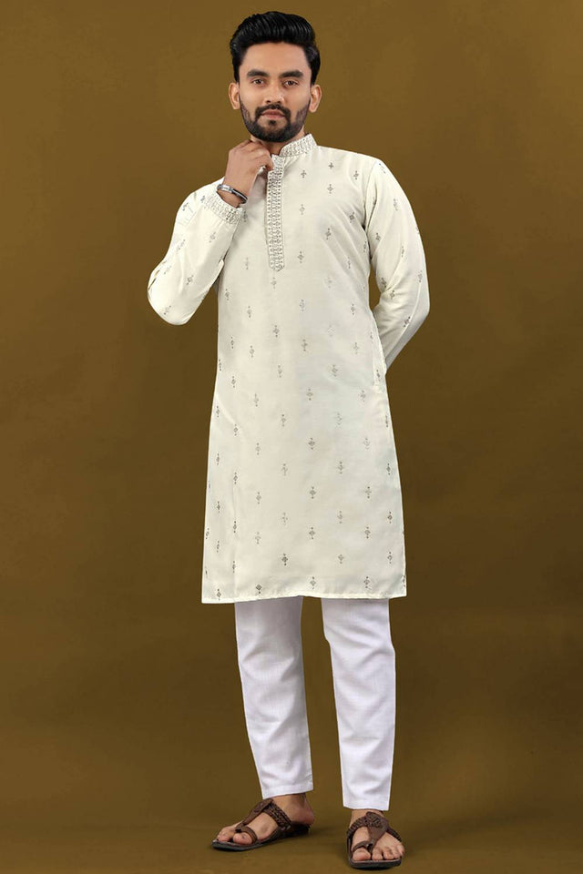 Mens Off White Embroidered Silk Kurta Pajama Set