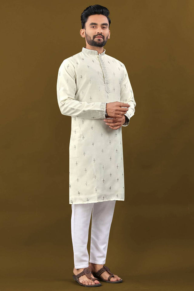 Mens Off White Embroidered Silk Kurta Pajama Set