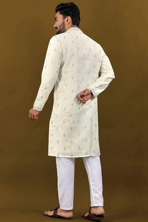 Mens Off White Embroidered Silk Kurta Pajama Set