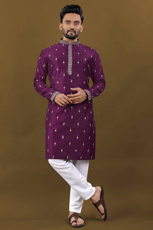 Mens Violet Embroidered Silk Kurta Pajama Set