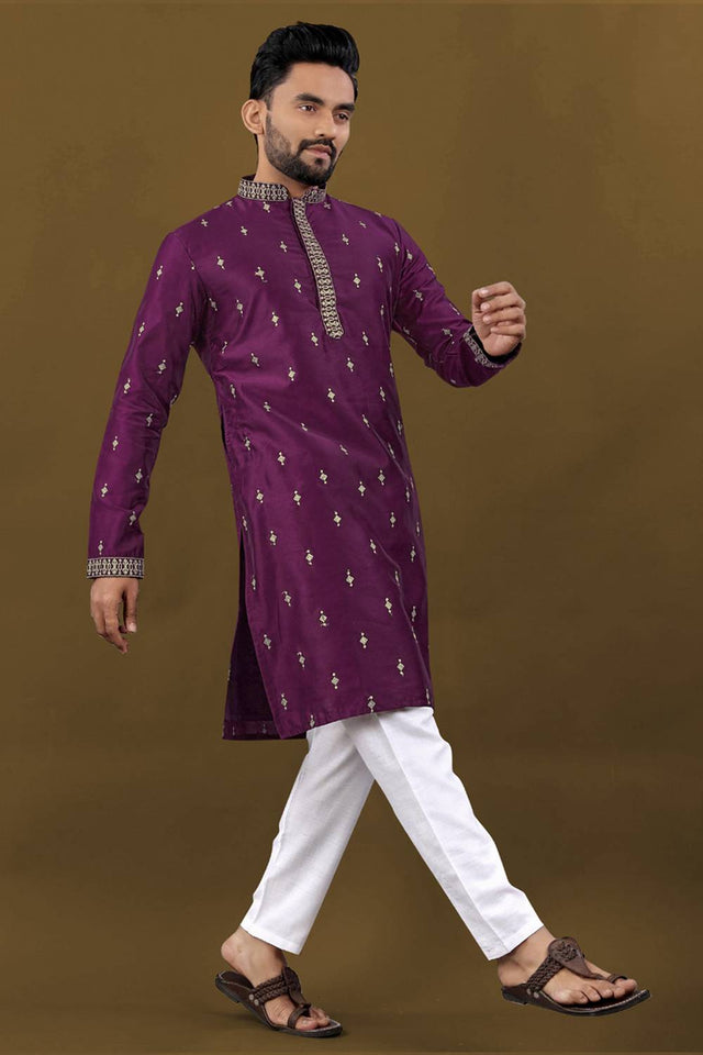 Mens Violet Embroidered Silk Kurta Pajama Set