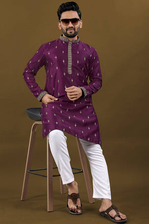Mens Violet Embroidered Silk Kurta Pajama Set