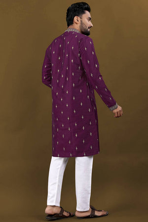 Mens Violet Embroidered Silk Kurta Pajama Set