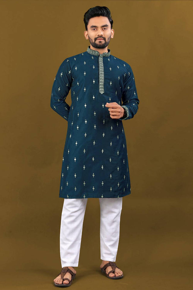 Mens Royal Blue Embroidered Silk Kurta Pajama Set