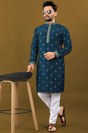 Mens Royal Blue Embroidered Silk Kurta Pajama Set