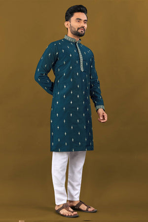 Mens Royal Blue Embroidered Silk Kurta Pajama Set