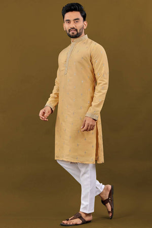 Mens Yellow Embroidered Silk Kurta Pajama Set