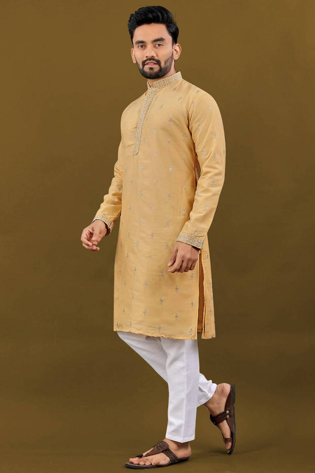 Mens Yellow Embroidered Silk Kurta Pajama Set