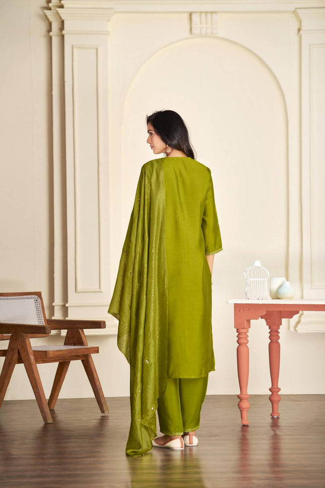 Green Solid Silk Kurti Pant Set