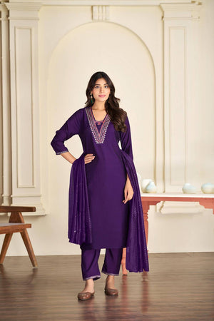 Violet Solid Silk Kurti Pant Set