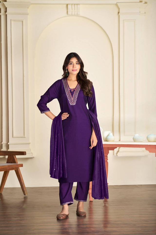 Violet Solid Silk Kurti Pant Set