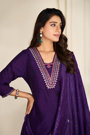 Violet Solid Silk Kurti Pant Set