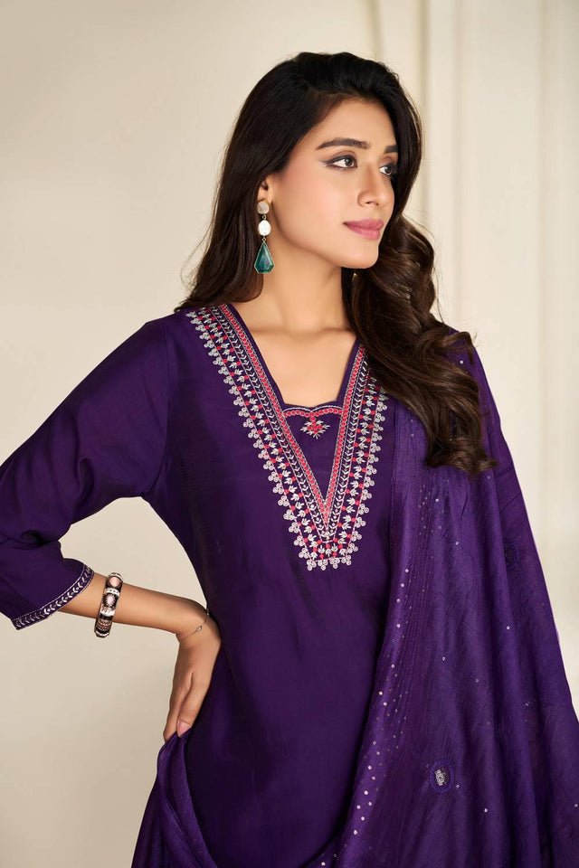 Violet Solid Silk Kurti Pant Set