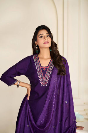 Violet Solid Silk Kurti Pant Set