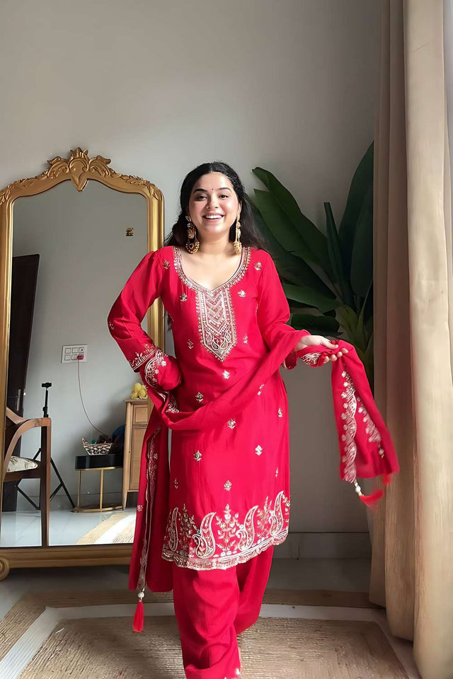 Red Embroidered Chinon Palazzo Suit Set