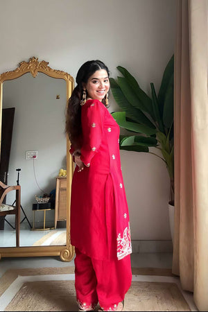 Red Embroidered Chinon Palazzo Suit Set