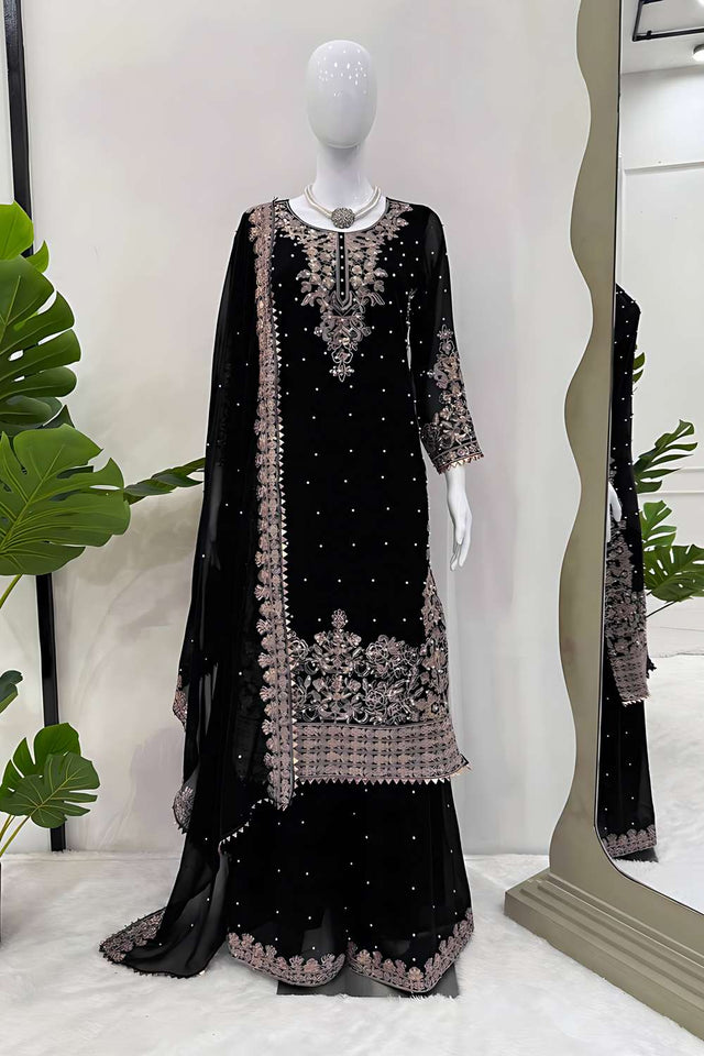 Black Sequin Georgette Palazzo Suit Set