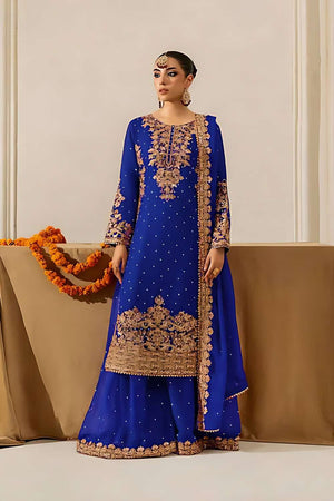 Blue Sequin Georgette Palazzo Suit Set