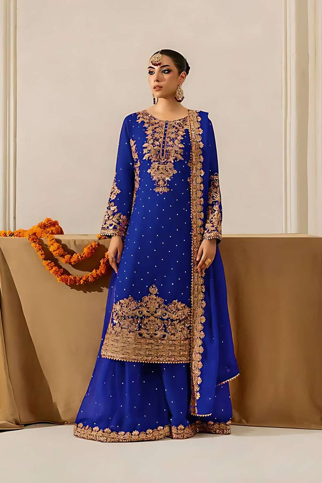 Blue Sequin Georgette Palazzo Suit Set