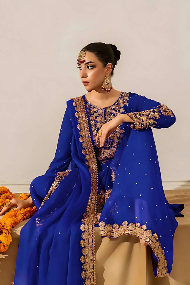 Blue Sequin Georgette Palazzo Suit Set