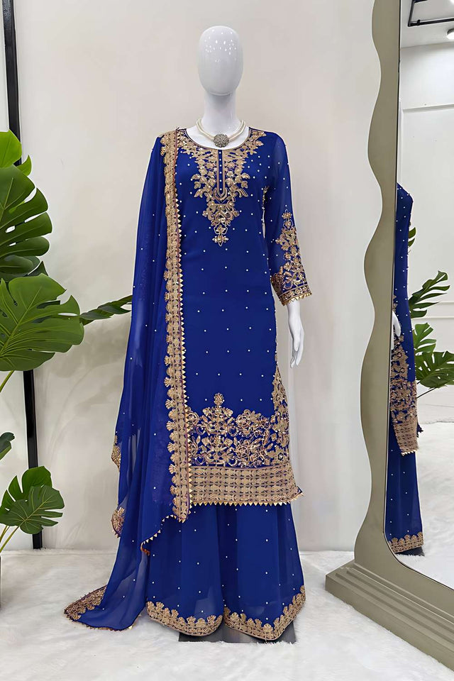 Blue Sequin Georgette Palazzo Suit Set