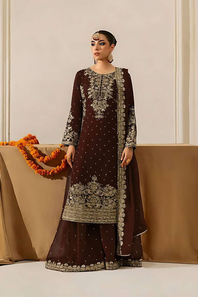 Coffee Sequin Georgette Palazzo Suit Set