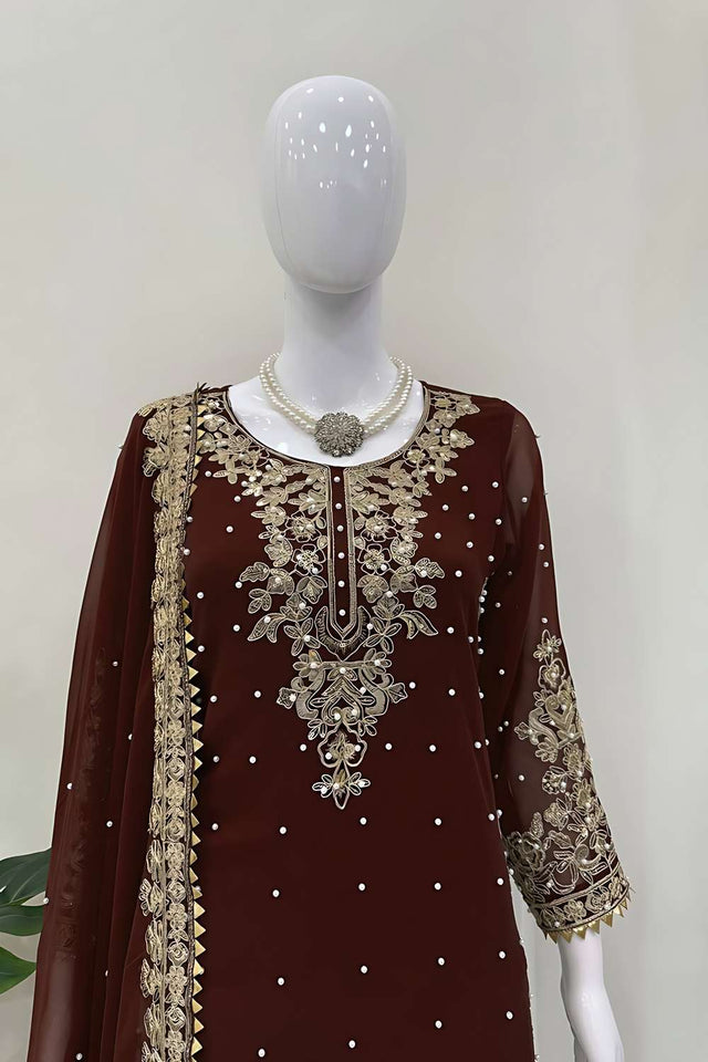 Coffee Sequin Georgette Palazzo Suit Set