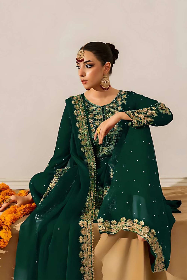 Green Sequin Georgette Palazzo Suit Set