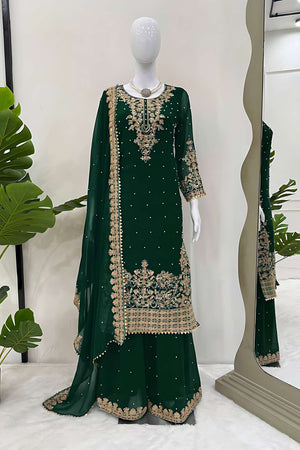Green Sequin Georgette Palazzo Suit Set