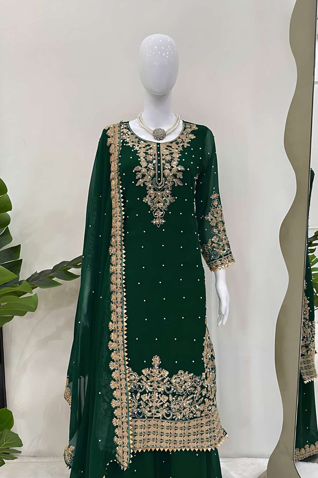 Green Sequin Georgette Palazzo Suit Set