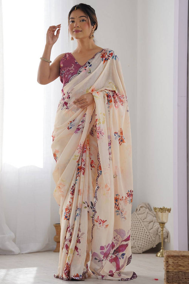 Cream Floral Printed Art Silk Saree