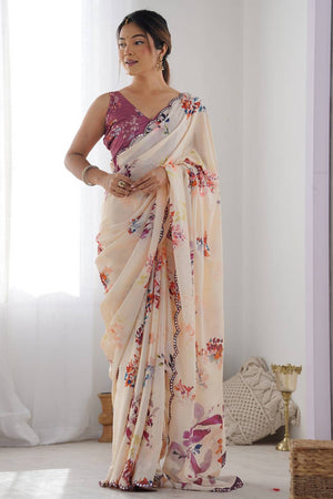 Cream Floral Printed Art Silk Saree