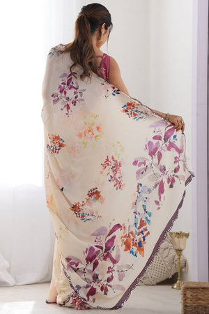 Cream Floral Printed Art Silk Saree